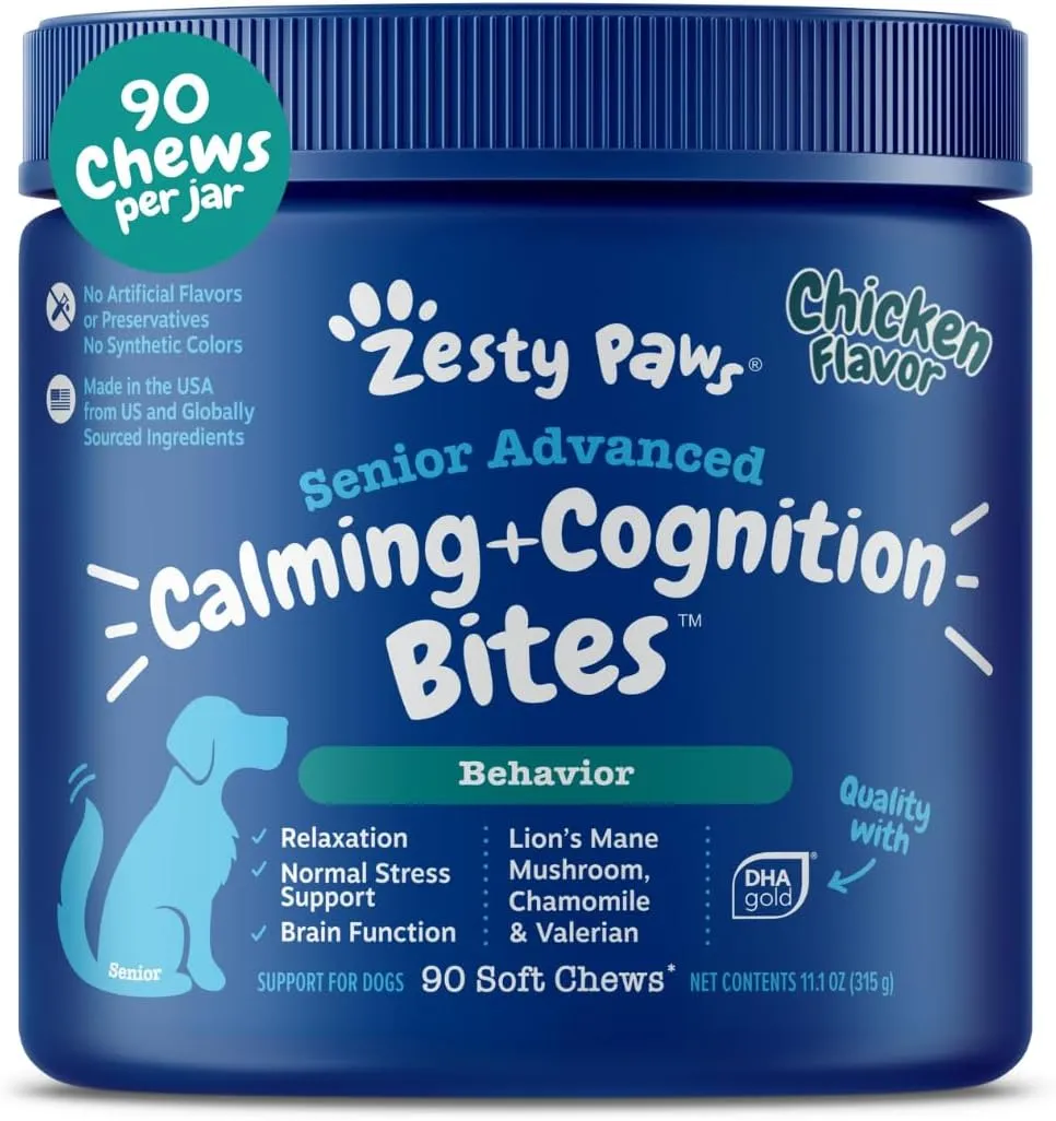 Zesty Paws Senior Advanced Calming & Cognition Soft Chews for Dogs - Supplements for Dog Brain Health & Nervous System Support   Calming & Relaxation -with Ashwagandha, DHA & Melatonin